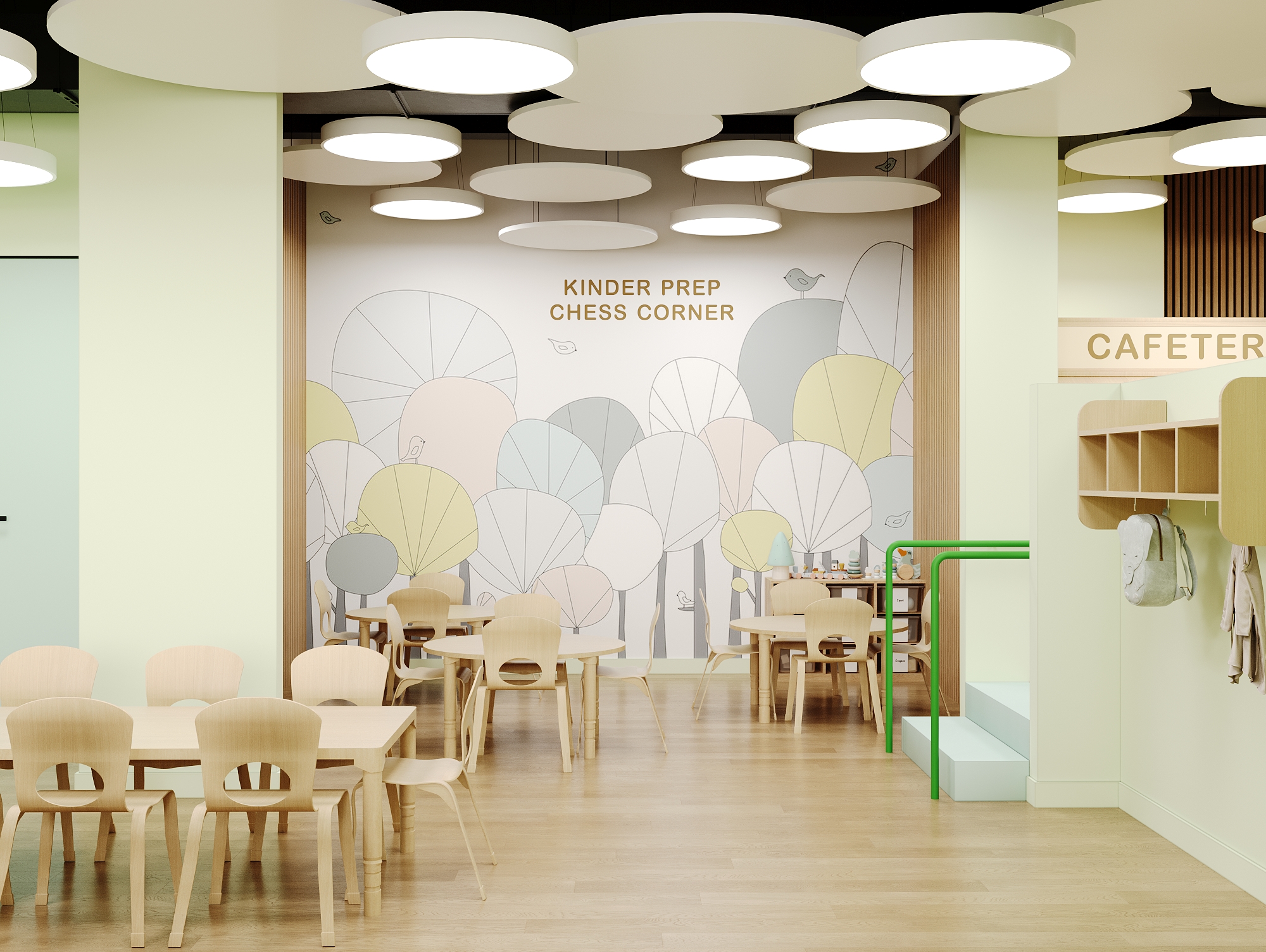 Dining and activity area with tables and learning stations